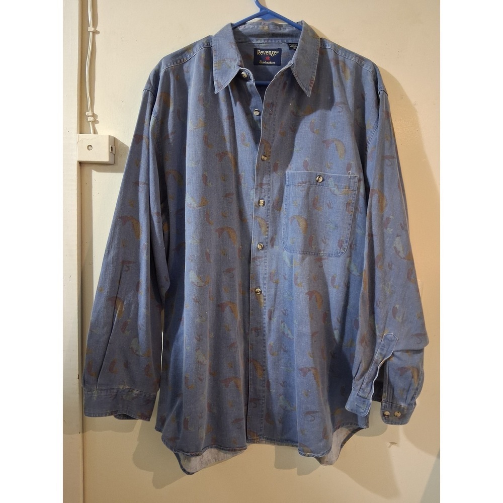 Revenge Shirtmakers Mens Large Blue Fish Print Cotton Button Down Shirt Long Slv